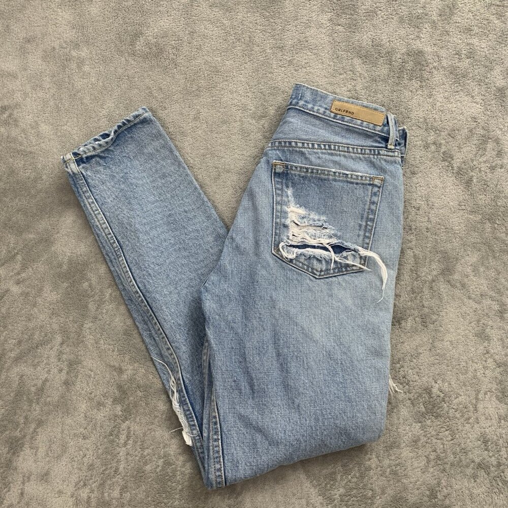 Grlfrnd Karolina Jeans Womens 26x28” Button Fly Straight Leg Distressed Patch